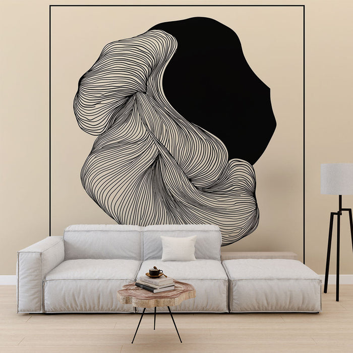 Papel pintado abstracto | Patrón orgánico en líneas fluidas negras sobre fondo beige