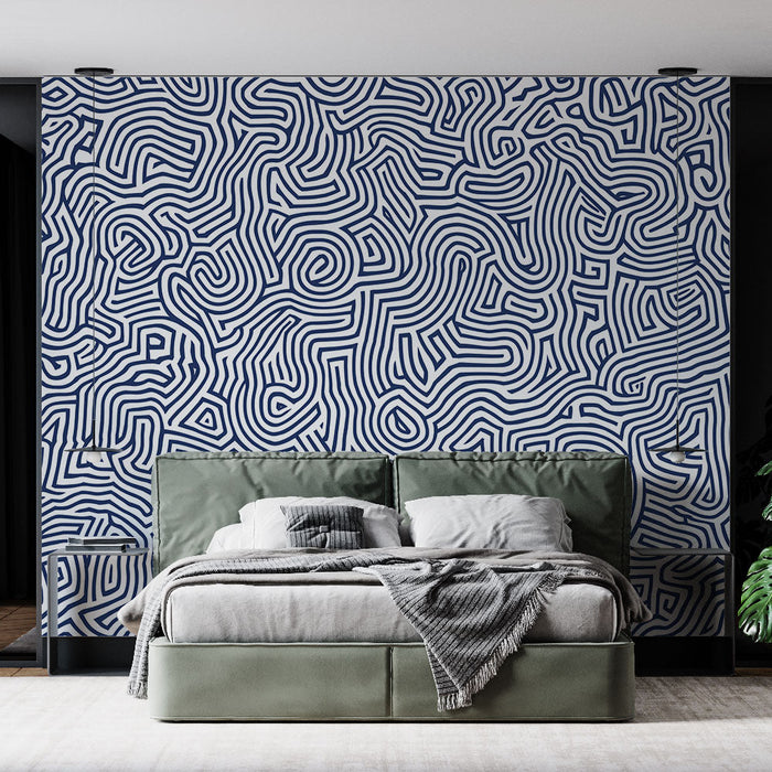 Mural Wallpaper abstract | Sinuous pattern in navy blue and white