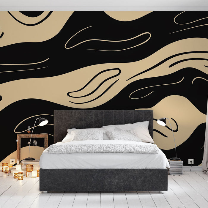 Mural Wallpaper abstract | Wavy pattern in black and beige