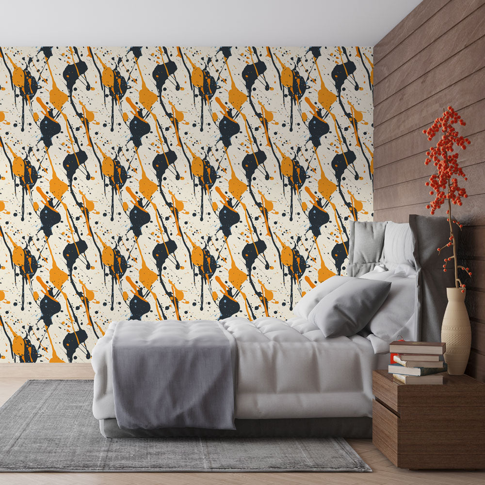 Abstract Mural Wallpaper | Orange and Black Splatter Patterns on Cream —  WonderMural, image size:1000x1000