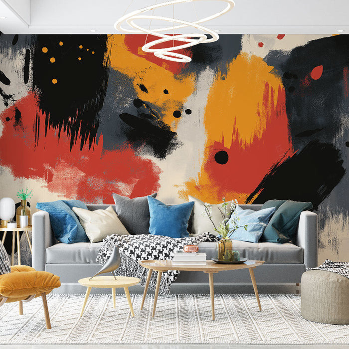 Mural Wallpaper Abstract | Striking Patterns in Red, Black, and Yellow