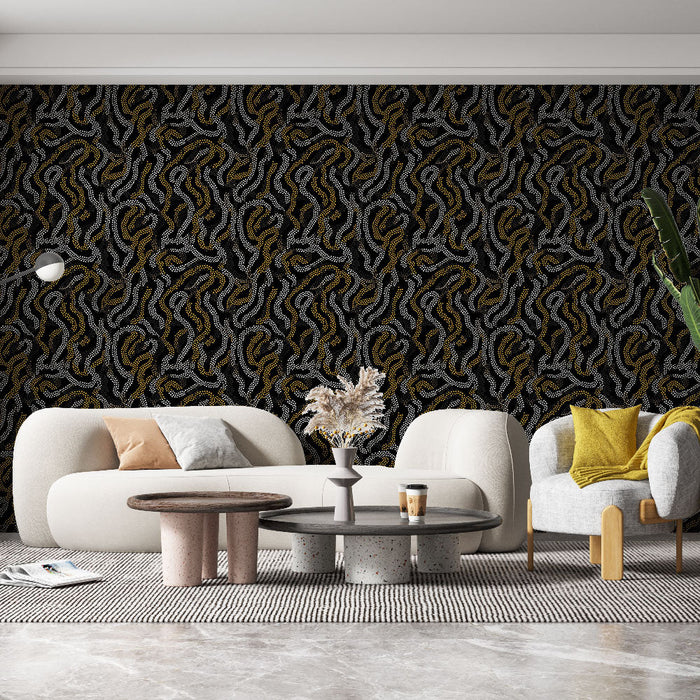 Carta da parati murale astratta | Motivi fluidi in nero, bianco e oro