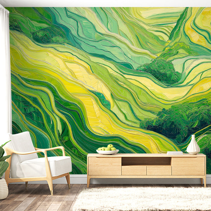 Ταπετσαρία τοίχου | Κυματιστά μοτίβα σε πράσινο και κίτρινο
