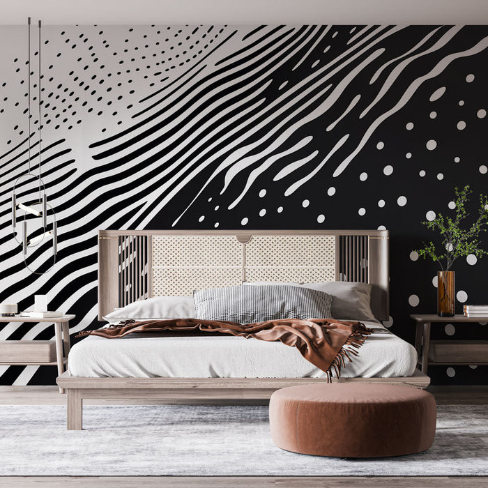 Mural Wallpaper | Wavy patterns and contrasting dots in black and white