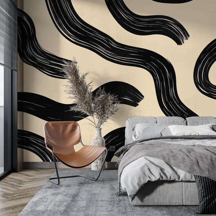 Mural Wallpaper abstract | Wavy black patterns on cream background