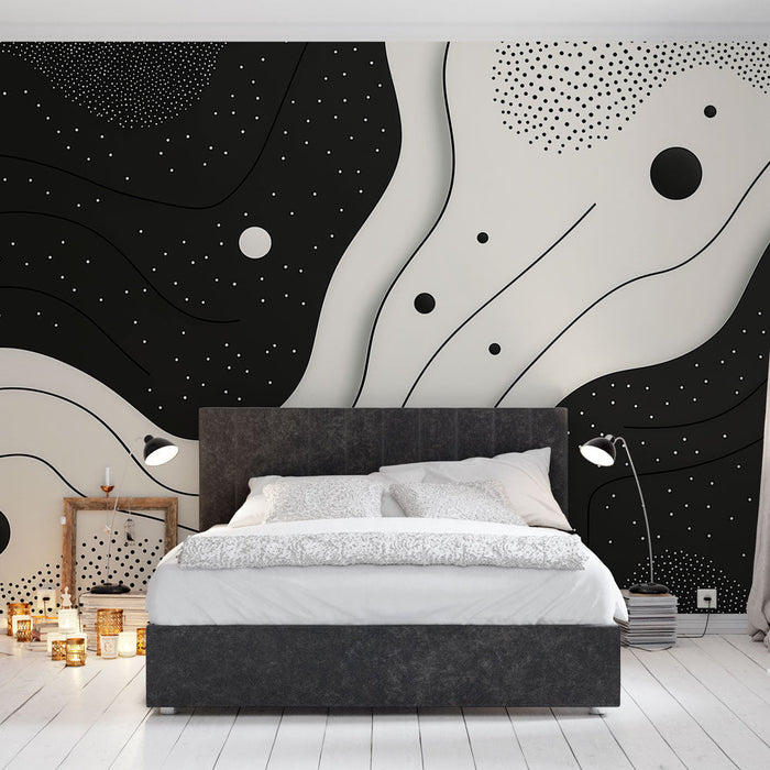 Mural Wallpaper black and white abstract | Wavy patterns and graphic dots