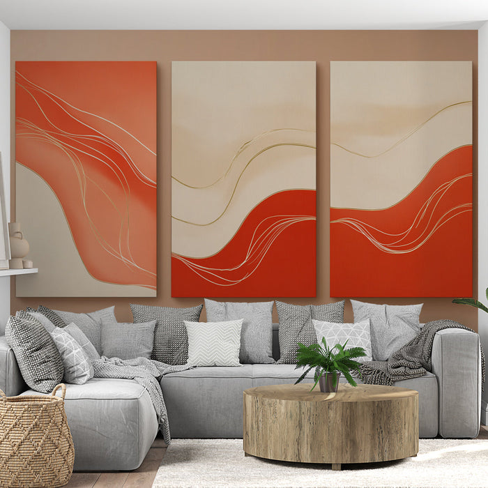 Abstrak Duvar Kağıdı | Kırmızı ve bej tonlarında altın vurgularıyla sıcak dalgalanmalar