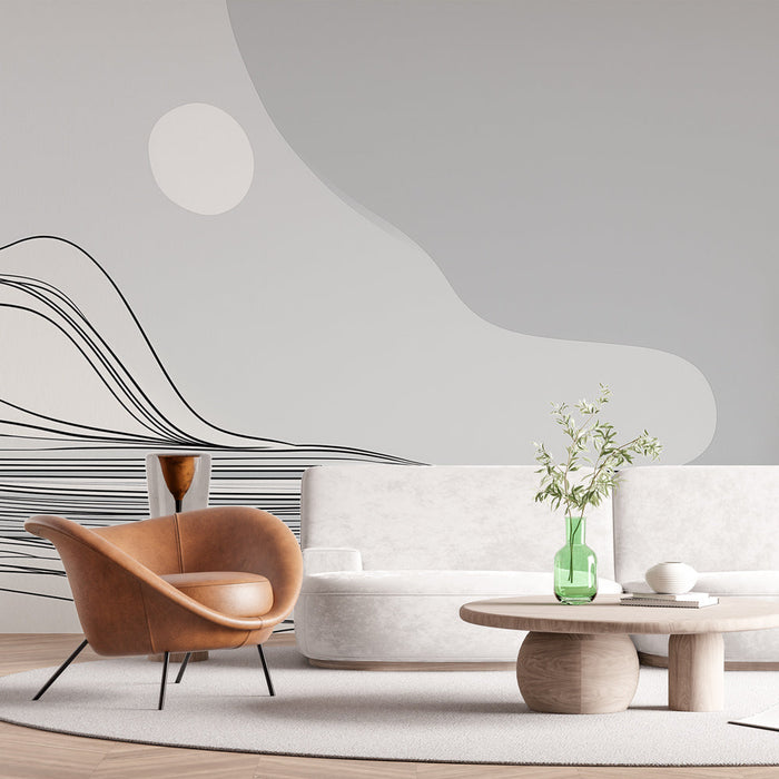 Tapet mural abstract | Valuri și linii fluide în alb și negru