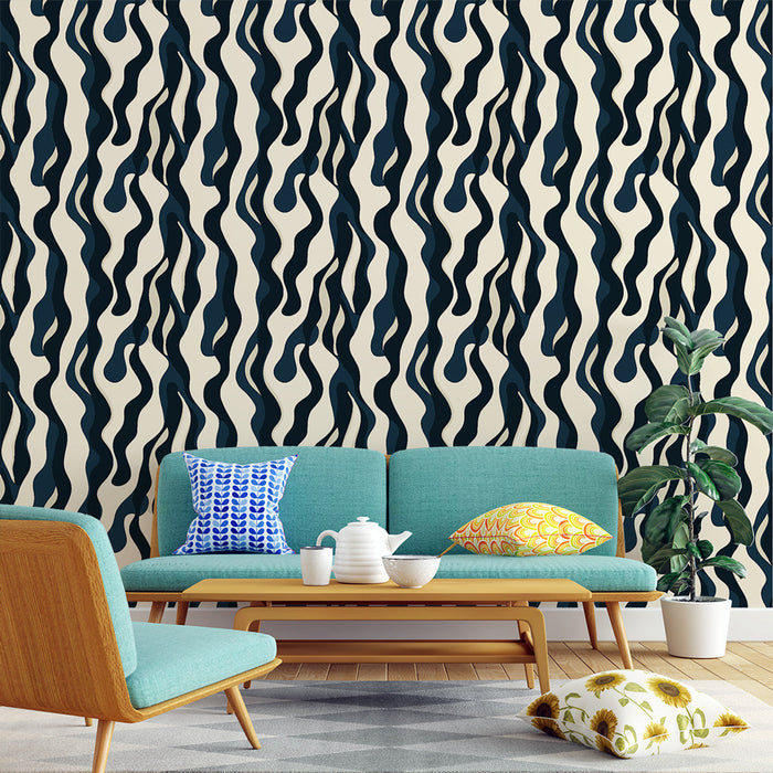 Foto Behang abstract golvend | Gestileerd golfpatroon in marineblauw op een lichte achtergrond