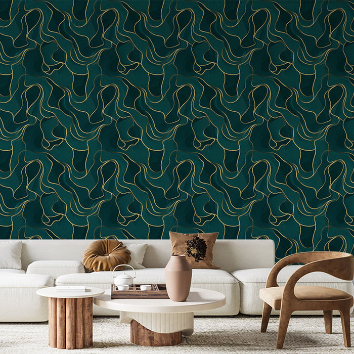 Papel de parede mural abstrato ondulado | Padrões sinuosos em verde e dourado