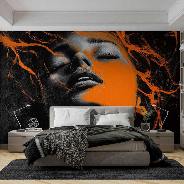 Ταπετσαρία τοιχογραφίας | Γυναικείο πορτραίτο με πορτοκαλί πιτσιλιές χρώματος