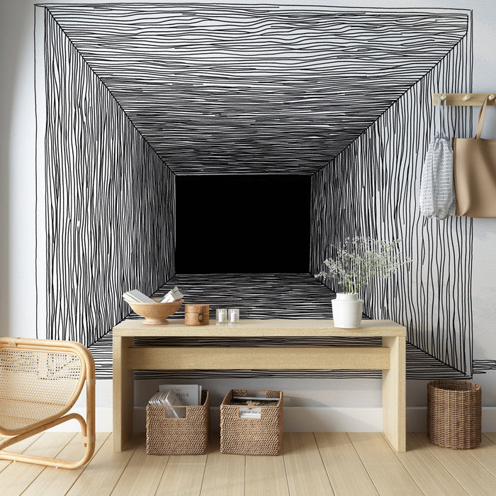 Mural Wallpaper abstract | Tunnel in black and white with linear patterns