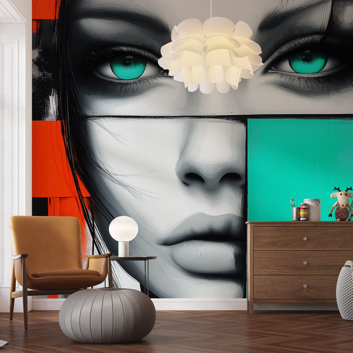 Foto Behang abstract | Vrouwelijk gezicht met turquoise ogen in een modern ontwerp