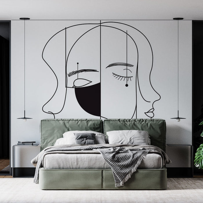 Mural Wallpaper abstract | Minimalist faces in continuous lines