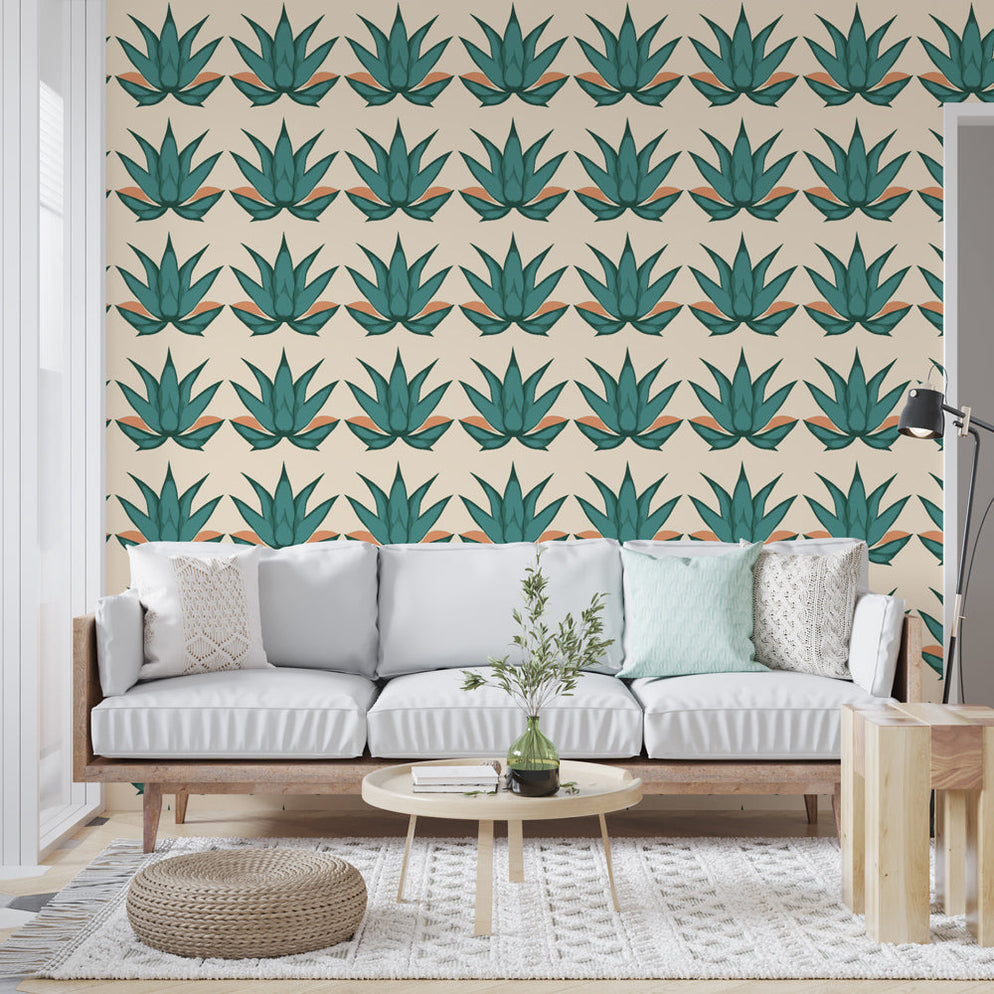 Mural Wallpaper agave | Repetitive pattern of green agaves on a beige ...