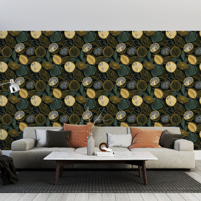 Tapet cu citrice | Motiv colorat de lămâi și frunze pe un fundal închis