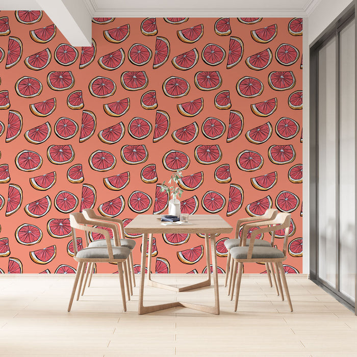 Tapete agrumes | Farbiges Motiv von Orangenscheiben auf korallenrotem Hintergrund