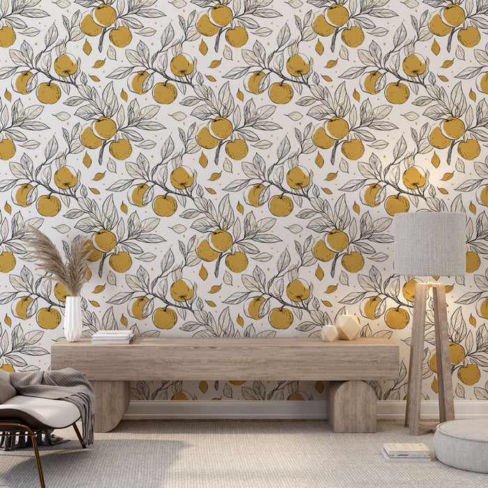 Mural Wallpaper citrus | Pattern of oranges and leaves on white background