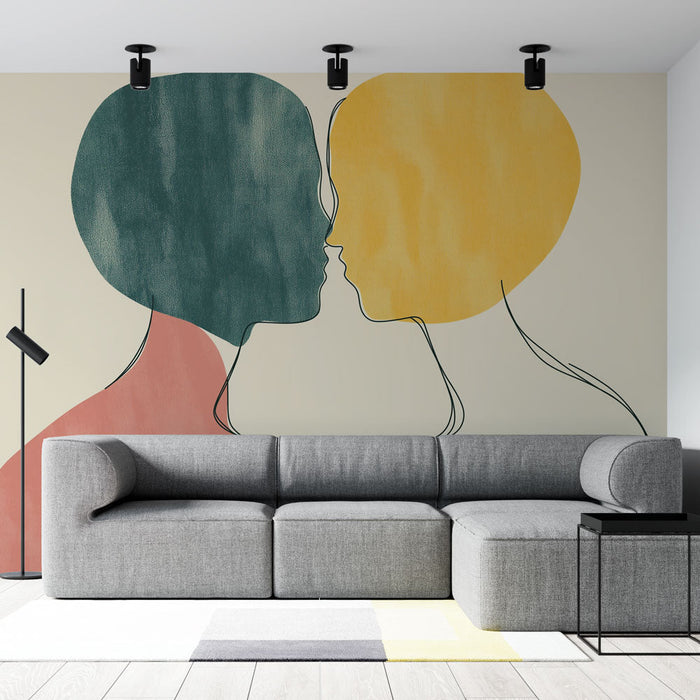 Mural Wallpaper abstract love | Colorful silhouettes kissing