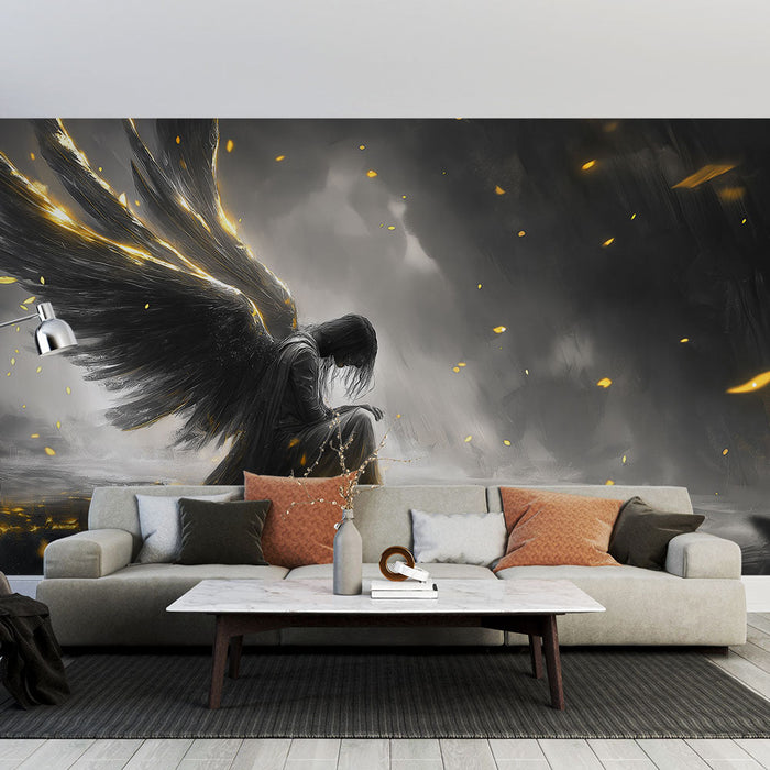 Fototapet melancholic angel | En engel med mørke vinger omgivet af gyldent lys