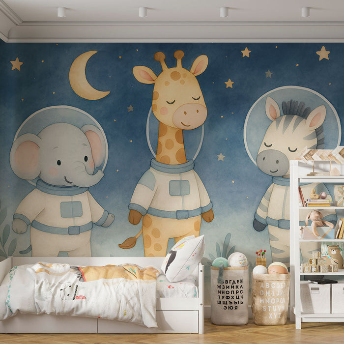 Fototapet dyr astronauter | Elefant, giraf og zebra i rumdragter under en stjernehimmel