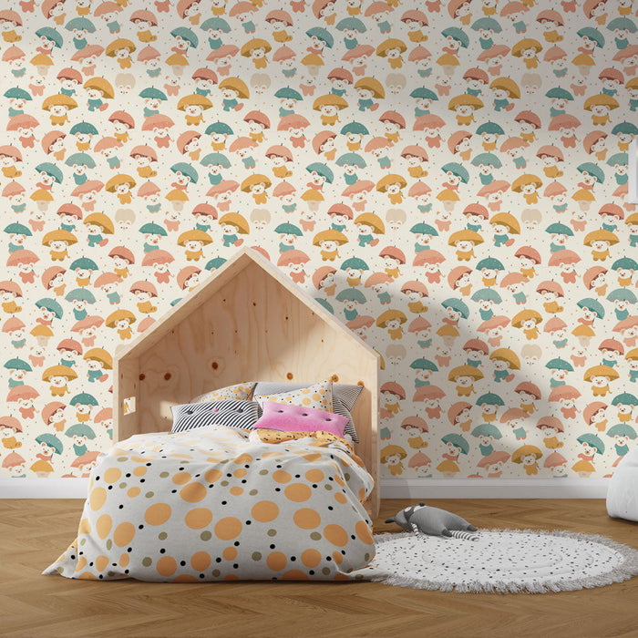 Papel pintado de animales con paraguas | Criaturas adorables bajo la lluvia