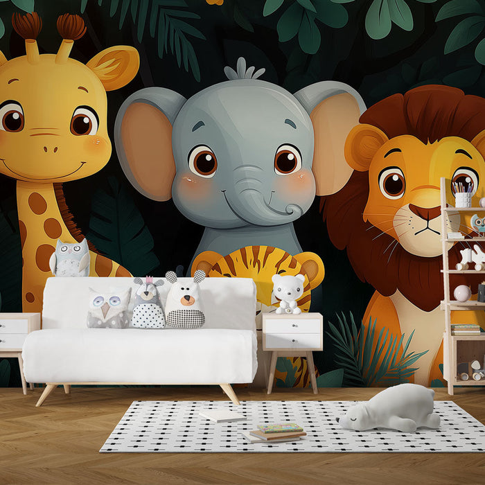 Carta da parati giungla-animali | Divertenti animali sorridenti nel verde
