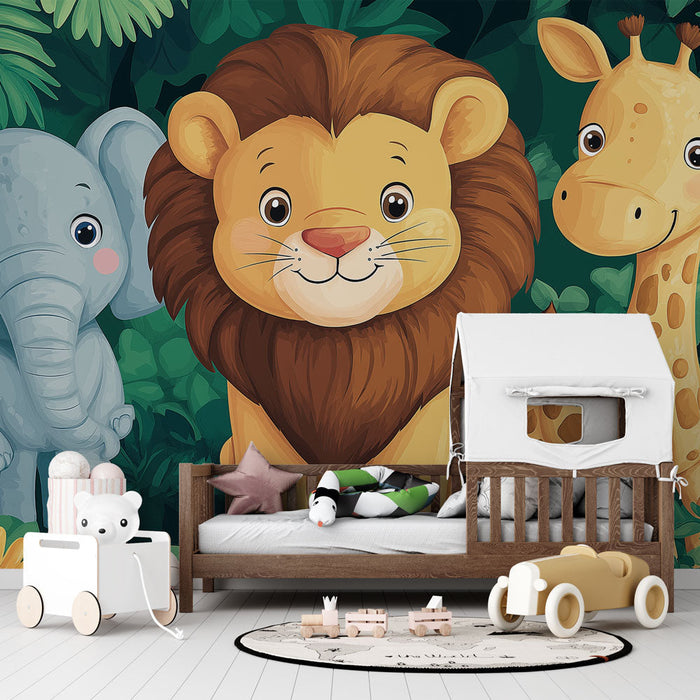 Papel de parede selva animais | Designs elegantes de um leão, um elefante e uma girafa