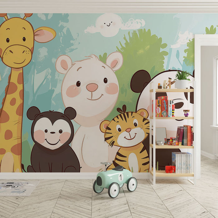 Tapet jungle dyr | Glade skabninger i bløde farver