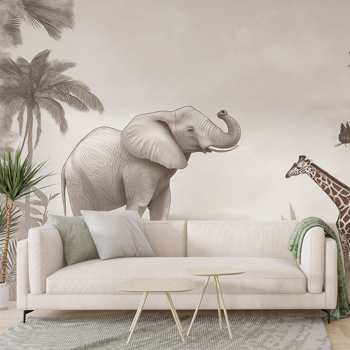 Mural Wallpaper dyr fra savannen | Elegante elefanter og giraffer på en nøytral bakgrunn