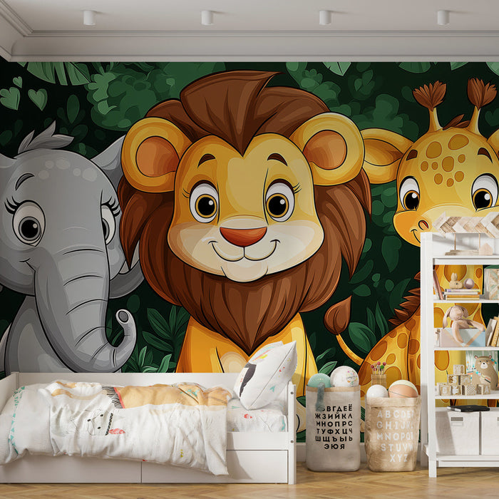 Tapeta zvířata savany | Slon, lev a žirafa mezi vegetací