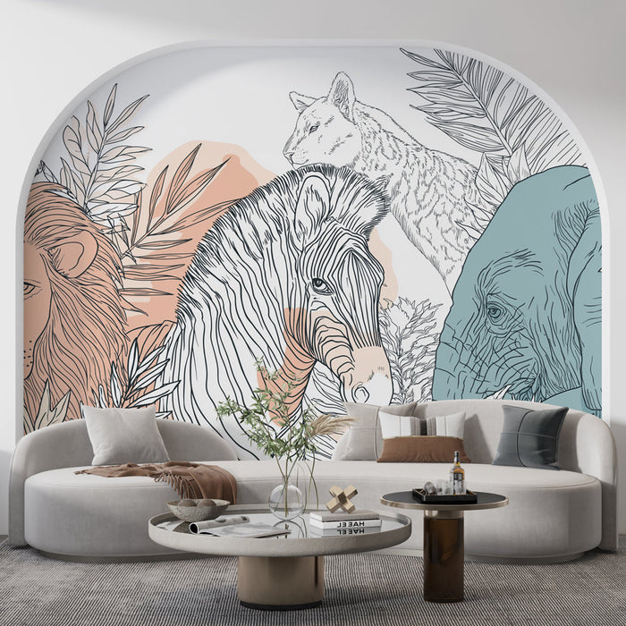 Ταπετσαρία ζωγραφικής ζωντανής φύσης με άγρια ζωή και εξωτικά φυλλώματα