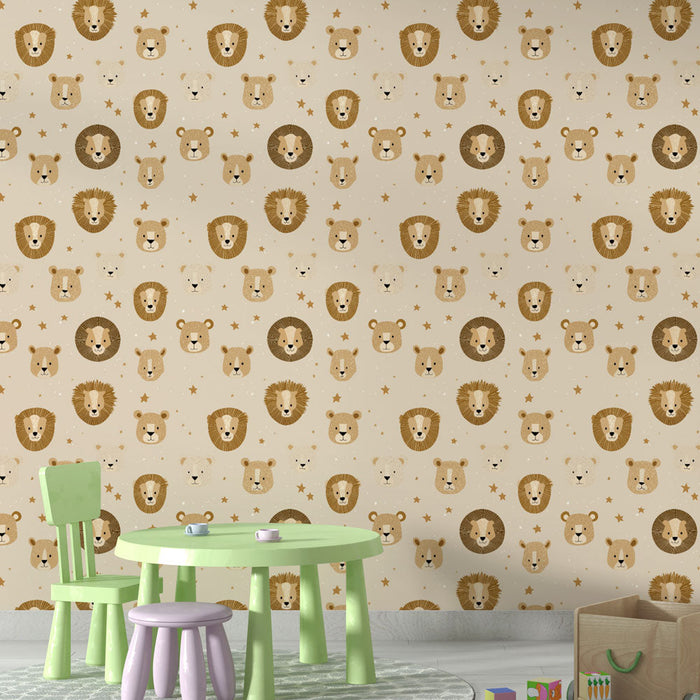 Tapetti savannieläimet | Leijona- ja karhumallit pehmeällä taustalla