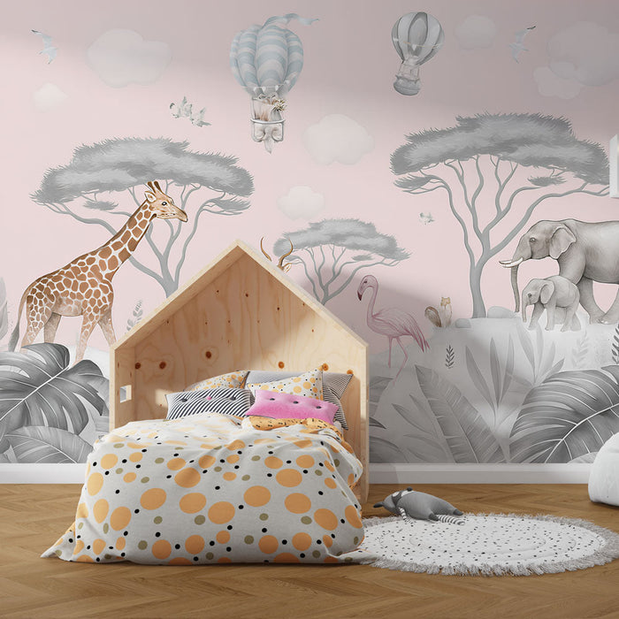 Mural Wallpaper savannah animals | Sweet scene with giraffe, elephants, and pastel sky