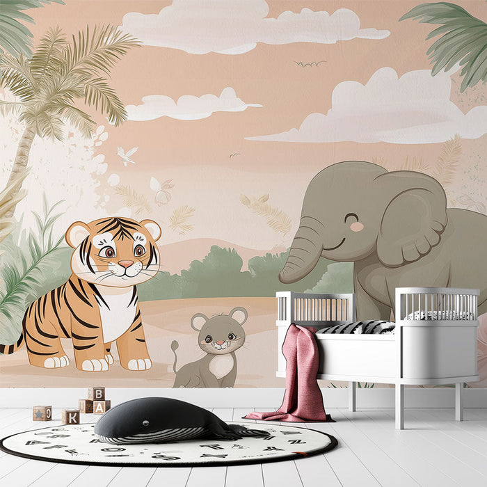 Tapet dyr fra savannen | En tiger, en elefant og en mus i en tropisk indstilling