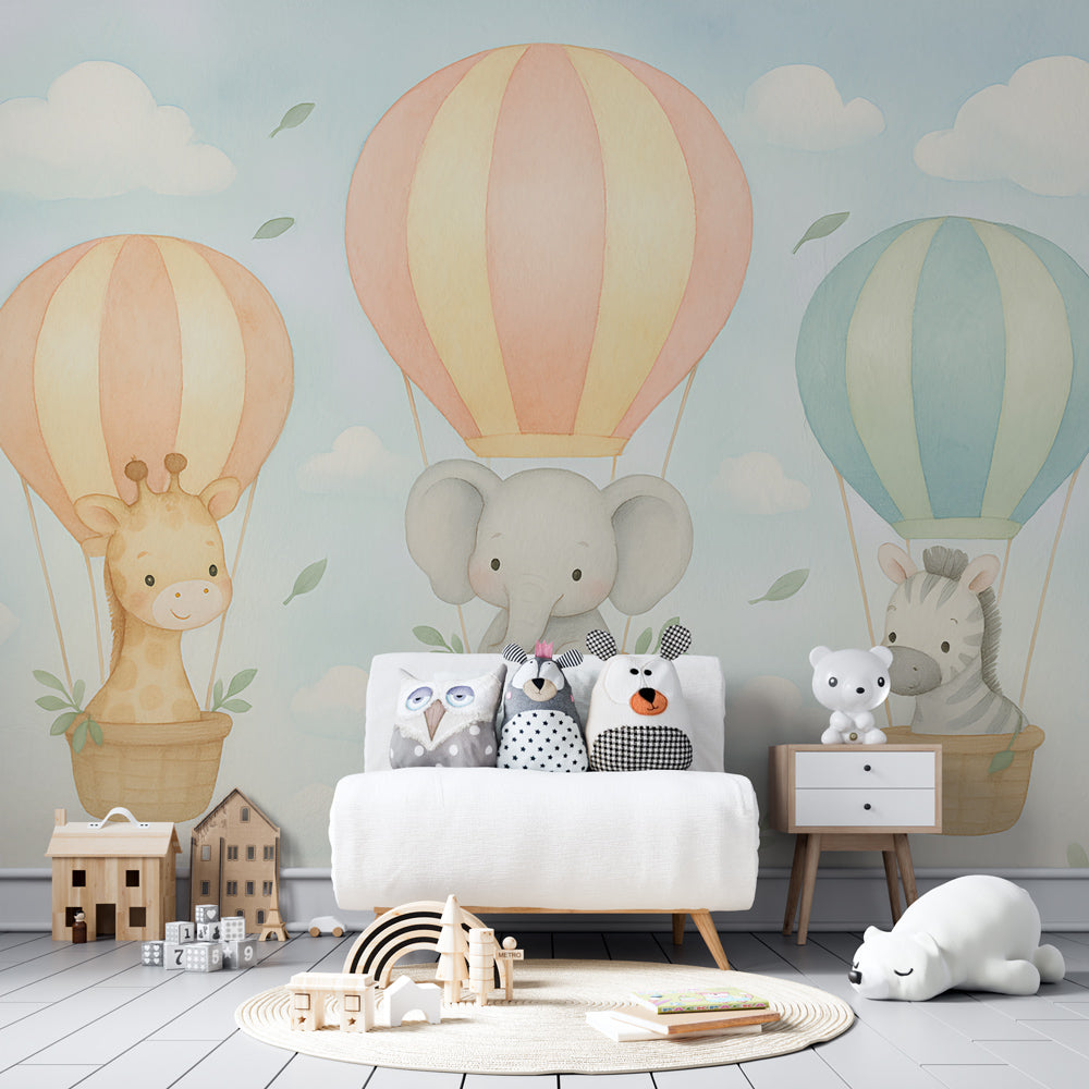 Tapete Tiere im Heißluftballon | Niedliche bunte Tiere, die am Himmel —  WonderMural, image size:1000x1000