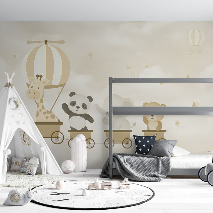 Tapeta zvířata ve vlaku | Veselé dobrodružství v oblacích s jemnými zvířaty