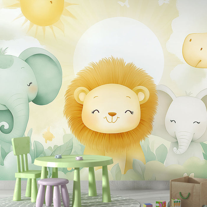 Ταπετσαρία τοιχογραφίας χαριτωμένα ζώα | Ελέφαντας, λιοντάρι και καμηλοπάρδαλη σε ηλιόλουστο τοπίο