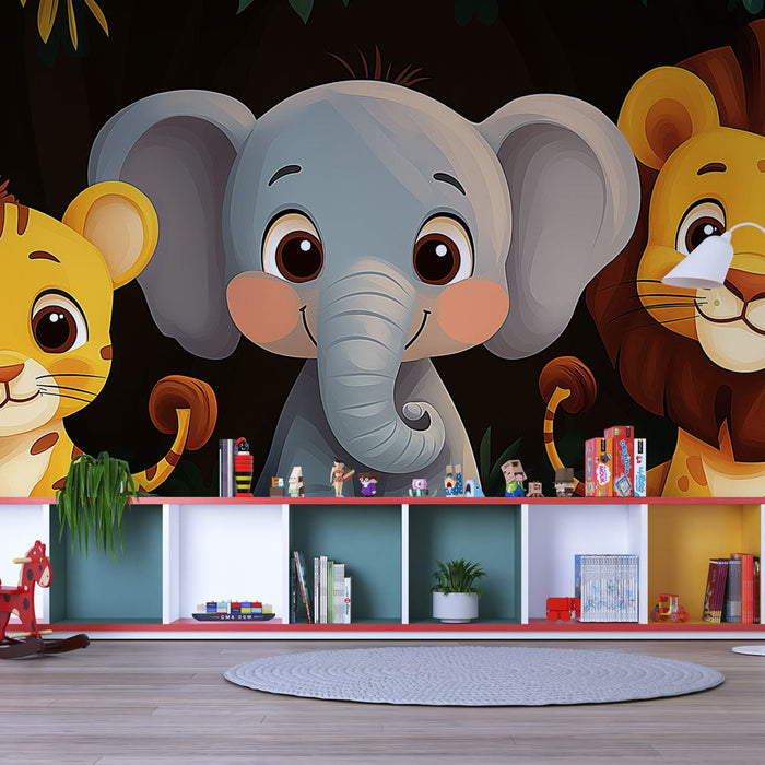 Carta da parati adorabili animali | Elefante, leone e tigre nella giungla colorata