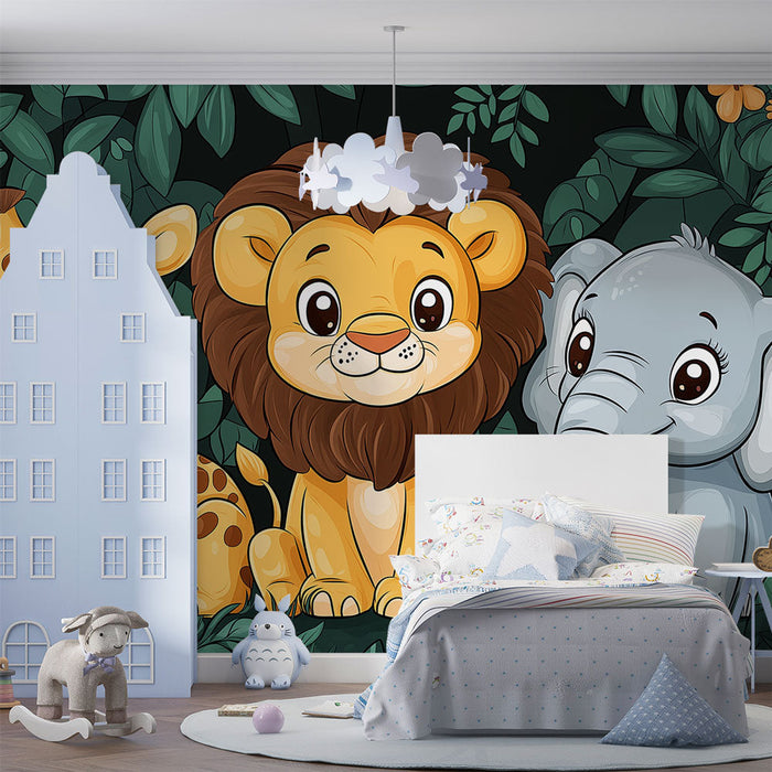 Ταπετσαρία τοιχογραφίας χαριτωμένα ζώα | Καμηλοπάρδαλη, λιοντάρι και ελέφαντας στη μέση της ζούγκλας