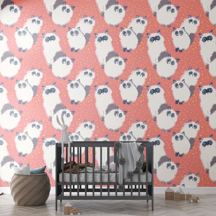 Schattig Dierenbehang | Patroon van katten met expressieve ogen op een koraalkleurige achtergrond