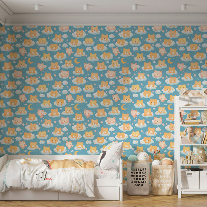 Fototapet srčkanih živali | Vzorci mačk in pisanih oblakov na modrem ozadju