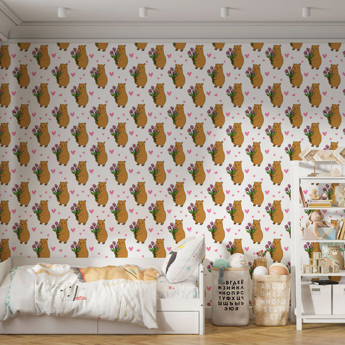 Tapete с милни животни | Мечета, държащи цветя на розов фон
