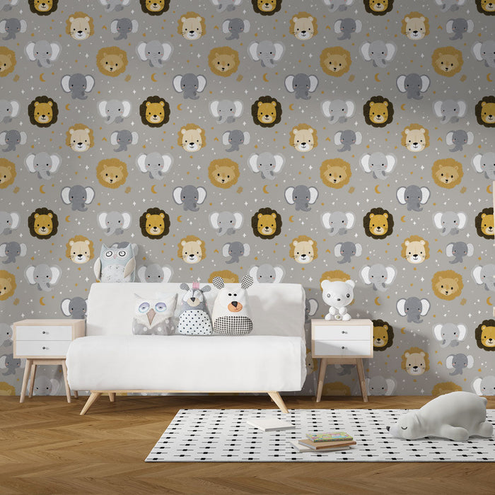 Papel de parede com animais fofos | Cabeça de leão e elefante em um fundo cinza