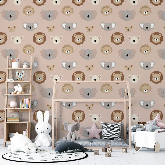 Papel de parede com animais fofos | Adoráveis cabeças de animais em um fundo rosa