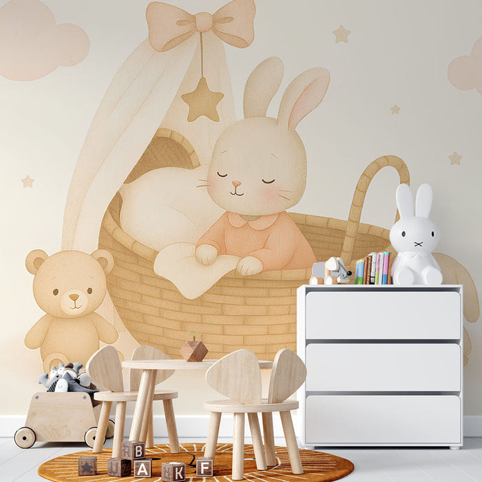 Tapete γλυκά ζωάκια | Ένας αξιαγάπητος κοιμώμενος κουνέλι σε ένα καλάθι με μαλακά παιχνίδια