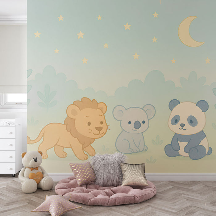 Mural Wallpaper cute animals | A lion, a koala, and a panda under the stars