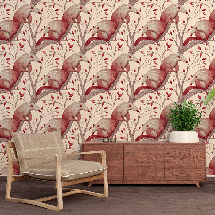 Tapeta s motivy zvířat | Vzory tvorů na větvích s červenými listy