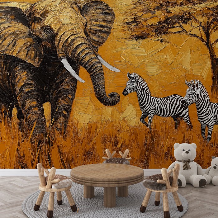 Carta da parati animali selvatici | Elefante e zebre su sfondo dorato