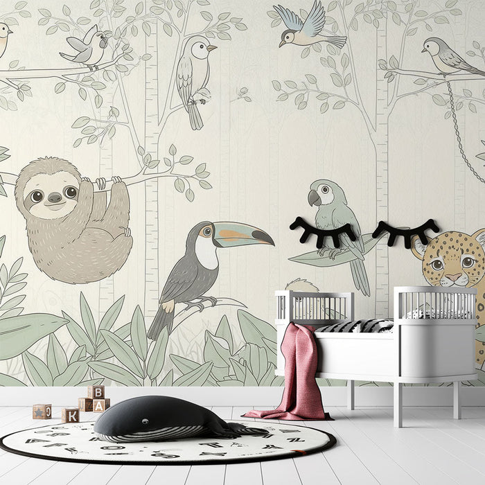 Tapeta ze zwierzętami tropikalnymi | Leniwiec, tukany i lamparty w spokojnej dżungli